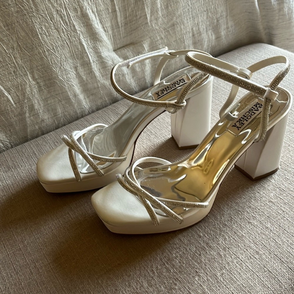 Badgley Mischka white satin heels